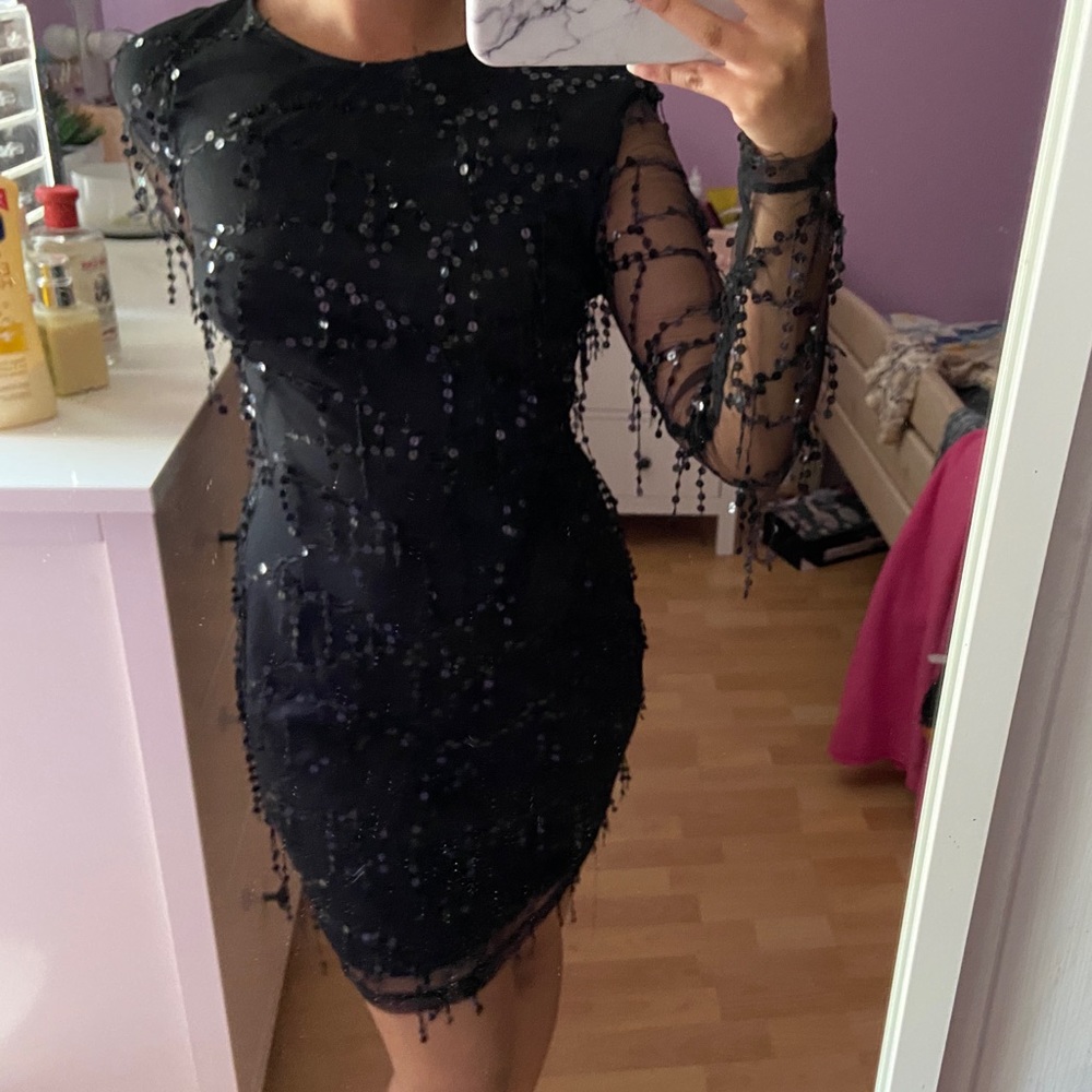 Sequins mesh black long sleeve dress